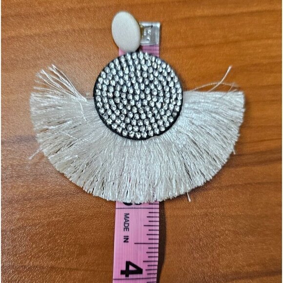 Boho Chic Black and White Fringe Earrings With Rhinestones & Fabric Accents - Picture 5 of 5